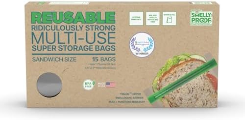 Smelly Proof 15 x Expandable Stand & Fill REUSABLE Storage Bags for Food Designed & Mfg in US, BPA FREE, NO PEVA, Reusable Sandwich Bags, Dishwasher-Safe, Clear 3 mils STAND UP 6.5" x 7.5" - 15pk