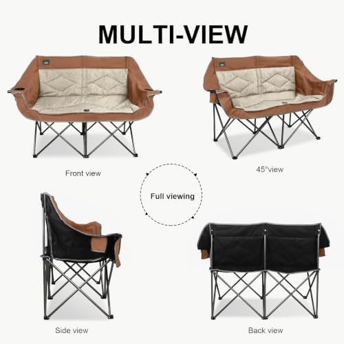 Northroad Folding Loveseat Camping Chair Portable Double Duo Full Padded Garden Sofa Chair for 2 Person w/ 2 Cup Holder,Wine Glass Holder,Support 600lbs for Outdoor Travel (Moca)