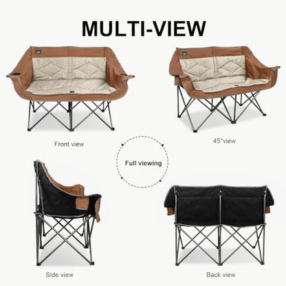 Northroad Folding Loveseat Camping Chair Portable Double Duo Full Padded Garden Sofa Chair for 2 Person w/ 2 Cup Holder,Wine Glass Holder,Support 600lbs for Outdoor Travel (Moca)