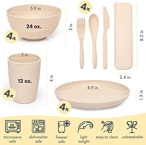 FOODLE Wheat Straw Dinnerware Set - Picnic, Camping Plates Cups and Bowls