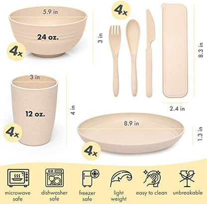 FOODLE Wheat Straw Dinnerware Set - Picnic, Camping Plates Cups and Bowls