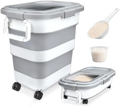 Komzon Rice Storage Container 10-40 lb, 25 lb Pet Dog Food Storage Container, Collapsible Airtight Rice Container,Rice Dispenser Bin with Cup and Scoop for Flour Cereal Pasta Grain, Cat Bird Food