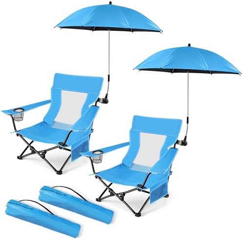 HaSteeL Low Beach Chairs, 2Pcs Camping Chairs with Umbrellas - Blue