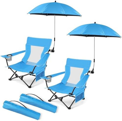 HaSteeL Low Beach Chairs, 2Pcs Camping Chairs with Umbrellas - Blue