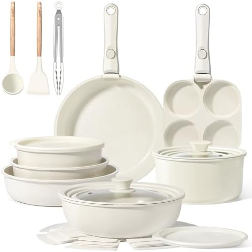 GIPP Pots and Pans Set Non Stick,Kitchen Cookware Set Detachable Handle, Non Toxic Cooking Pan Set with Frying Pans Set,RV Cookware Sets for All Stoves, Cream White, 21PCS