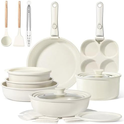 GIPP Pots and Pans Set Non Stick,Kitchen Cookware Set Detachable Handle, Non Toxic Cooking Pan Set with Frying Pans Set,RV Cookware Sets for All Stoves, Cream White, 21PCS