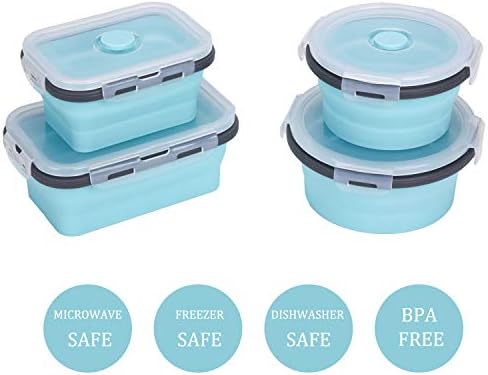 KUON Collapsible Silicone Food Storage Containers with Airtight Lids, Set of 4 Stacking Container, Microwave and Freezer and Dishwasher Safe, with Vent Valve, BPA Free (350ml and 500ml)