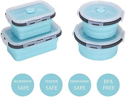KUON Collapsible Silicone Food Storage Containers with Airtight Lids, Set of 4 Stacking Container, Microwave and Freezer and Dishwasher Safe, with Vent Valve, BPA Free (350ml and 500ml)