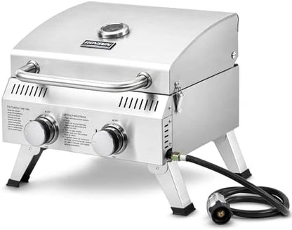 ROVSUN 20000 BTU Stainless Steel Propane Gas Grill with Ignition, 2 Burner Portable Tabletop Grill with Folding Legs & Lockable Lid for Outdoor Patio Garden BBQ Picnic RV Tailgating Camping Cooking