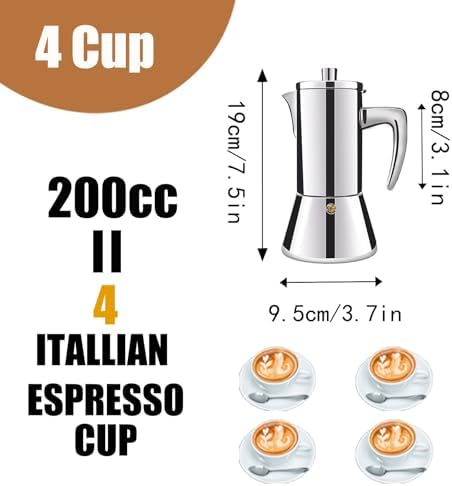 4 Cup Thickened 304 Stainless Steel Moka Pot Stovetop Espresso Maker Cafeteras Italian Percolator Espress Makers Capable Greca Mocha Coffee Machine for Induction Home and Camping 200ml 6.6oz