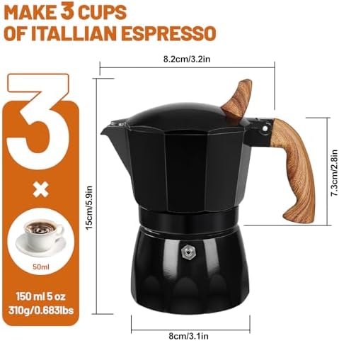 3 Cup Aluminum Espresso Stovetop Moka Pot Express Coffee Maker Percolator Italian Classic Mocha Coffee Machine for Italian and Cuban Cafe Brewing for Home & Camping 150ml 5oz