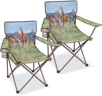 Camping Chairs 2 Pack with Animal Print,Folding Lawn Chair with Cup Holder & Carry Bag for Outdoor,Sports,Beach,Fishing,Sports