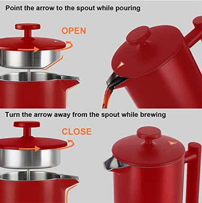 Secura French Press Coffee Maker, 304 Grade Stainless Steel Insulated Coffee Press with 2 Extra Screens, 34oz (1 Litre), Red