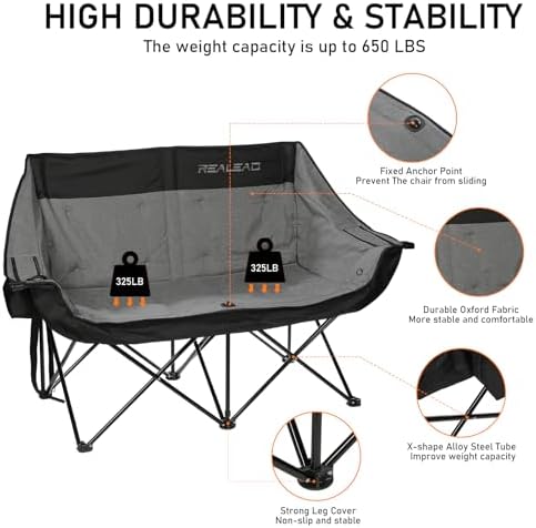 REALEAD Double Camping Chair Heavy Duty Camping Couch Support 650 lbs