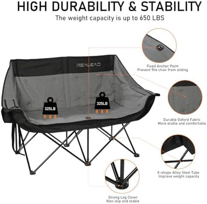 REALEAD Double Camping Chair Heavy Duty Camping Couch Support 650 lbs