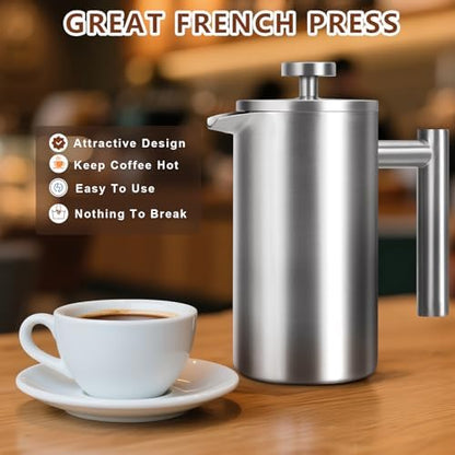 French Press 24 oz, Premium Stainless Steel French Press Coffee Maker 2 cup