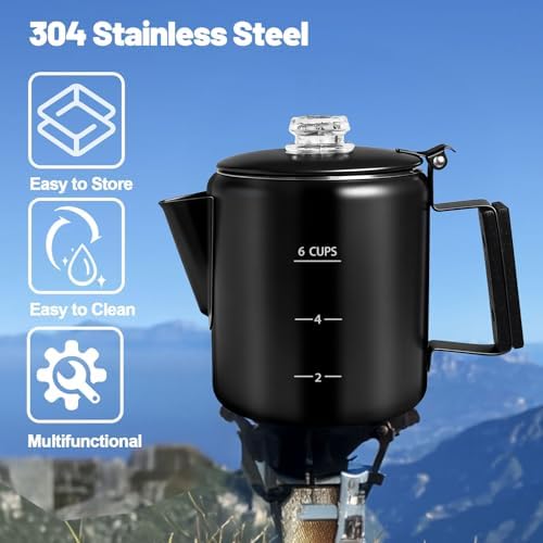 6 Cup Percolator 304 Stainless Steel Coffee Pot Coffee Maker Coffee Machine with Solid Wood Handle Transparent Knob Stovetop Greca Mocha for Induction Home and Camping 1000ml 33.8oz Black