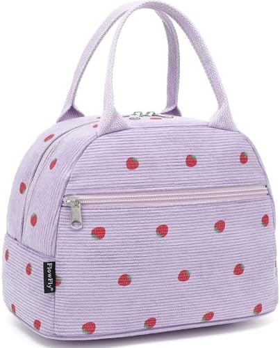 FlowFly Insulated Lunch Bag for Women – Corduroy Lunch Tote Box, Cute Cooler Bag for Work, Travel, Picnic,Corduroy Strawberries Purple