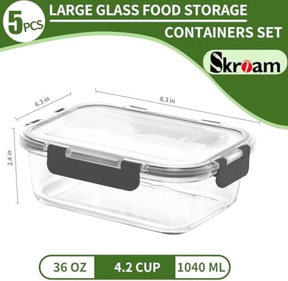 Skroam Large Glass Food Storage Containers with Lids Airtight, 5-Pack 36OZ