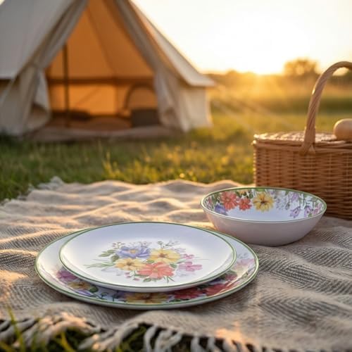 12-Piece Floral Melamine Dinnerware Sets, Green Camping Dishes Set