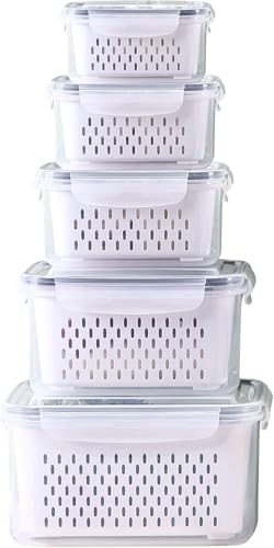 Large Fridge Food Storage Container Set with Lids with Strainer, Fruit Vegetable Storage Containers Keep Fruits, Vegetables, Berry, Meat Fresh longer, BPA-Free Plastic Produce Keepers