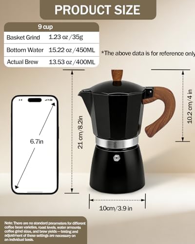Coffee Maker Stovetop Espresso Maker 9 Cup Aluminum Moka Pot Percolator 15oz 450ml Easy Brewing for Electric Ceramic Stoves Home Camping Italian Cuban Café Classic Black