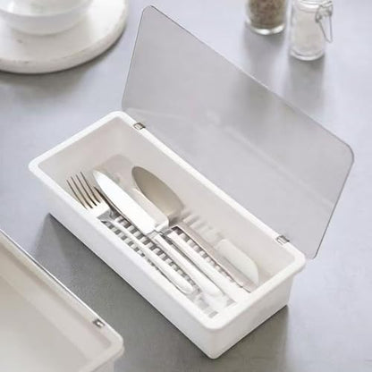 White Flatware Tray Kitchen Drawer Organizer With Lid And Drainer - Plastic Kitchen Cutlery Tray and Utensil Storage Container with Cover - 11.0 Inch Silverware Holder Drawer Organizer