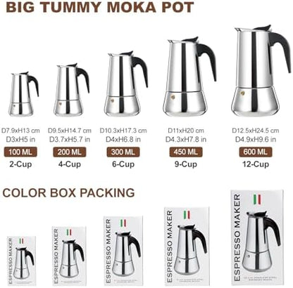 12 Cup Stovetop Espresso Maker Stainless Steel Moka Pot Stove Top Percolator Italian Coffee Makers Capable Mocha Greca Machine Cafe Classic Induction Cookers for Home and Camping 600ml 20oz