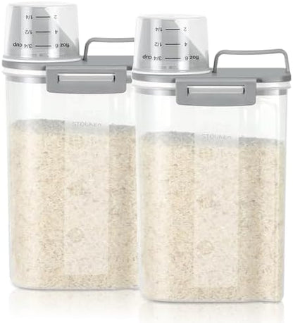 TBMax Rice Storage Container 2 Pack, Plastic Kitchen Pantry Food Storage Container with Cup, Small Pet Dog Cat Food Container Dispenser-Grey