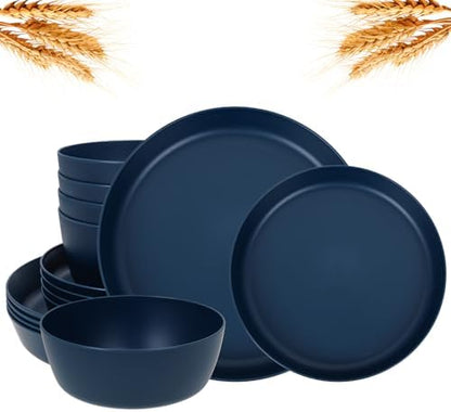 EjonirInjonir 12pcs Unbreakable Blue Dishes Set for Camping, Wheat Straw