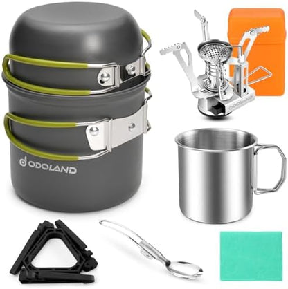 Odoland 8pcs Camping Cookware Mess Kit, Camping Pot and Pan Set with Mini Backpacking Stove, Stainless Steel Cup, Spork and Tank Bracket, Cooking Gear for Outdoor, Hiking, Picnic, Campfire