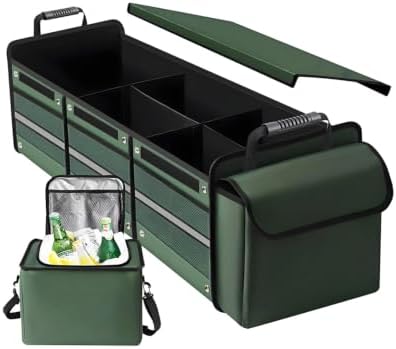 Car Trunk Organizer with Cooler Bag, Collapsible Multi-Compartment Storage Organizer for SUV Truck (Green)