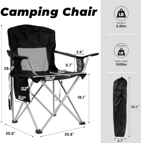 HULKFIT Folding Camping Chairs, Portable Outdoor Beach Lawn Chair for Adults with Carry Bag & Built-in Cup Holder, Casual Foldable Chair for Picnic Fishing Garden,Black