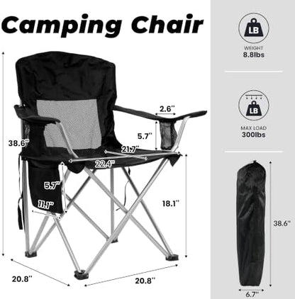 HULKFIT 2 Pack Folding Camping Chair – Heavy Duty Portable Outdoor Beach Chair for Adults with Breathable Mesh Back, Cup Holder & Carry Bag – Ideal for Backyard, Tailgating, Hiking & Travel,Black