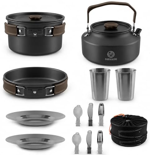 Camping Cookware Set 17 pcs Camping Cooking 0.30G Kettle 0.45G Pot 7 in Pan and 2pcs Stainless Steel Cups Plates Forks Knives Spoons Bag for 1-2 People Backpacking Hiking Picnic