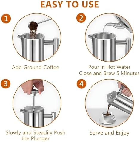 French Press Coffee Maker 34oz, Stainless Steel Double Wall Insulated, 3 Extra Filters & Coffee Spoon for Hot/Cold Brew, Durable Coffee Press for Home, Camping, Office - Silver