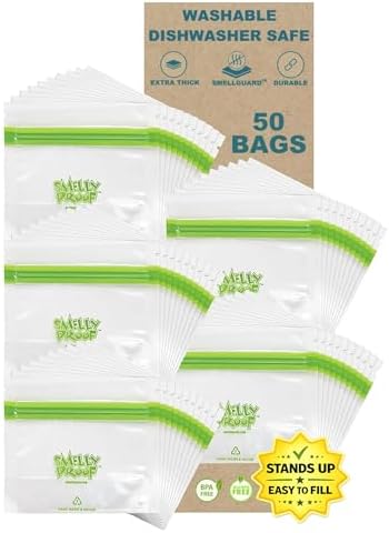 Smelly Proof 50 x Expandable Stand-Up & Fill REUSABLE Food Storage Bags, US Made, NO PEVA & BPA FREE, Reusable Freezer Bags, Dishwasher-Safe, Clear 3 mils STAND & FILL 4" x 3" - 50pk