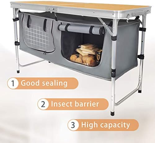Folding Camping Table with Storage Lightweight Camp Tables Portable Indoor/Outdoor Collapsible Table Height Adjustable Camp Kitchen Perfect for Picnic, Beach, Travel, Tailgating, Backyards, BBQ, Party
