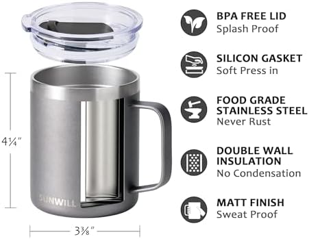 SUNWILL Travel Coffee Mug with Lid, 14 oz Insulated Stainless Steel