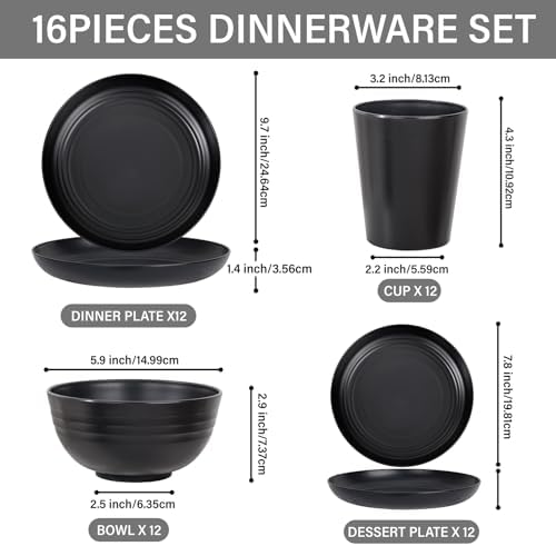 LIYH 16Pcs Black Unbreakable Wheat Straw Dinnerware Sets for RV Camping