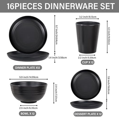 LIYH 16Pcs Black Unbreakable Wheat Straw Dinnerware Sets for RV Camping