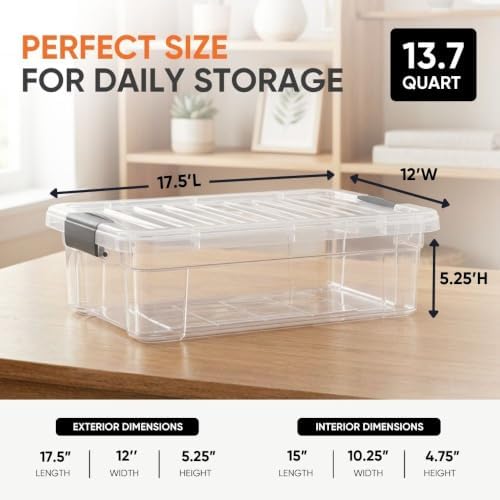 Superio 13.7 Quart Clear Plastic Storage Bin with Lid, Stackable Organizer Box, BPA-Free Storage Container for Home, Garage, School & Office, 6 Pack