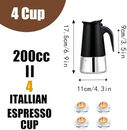 4 Cup Stovetop Espresso Maker Stainless Steel Moka Pot Stove Top Percolator Italian Coffee Makers Capable Mocha Greca Machine Cafe Classic Induction Cookers for Home and Camping 200ml 6.6oz