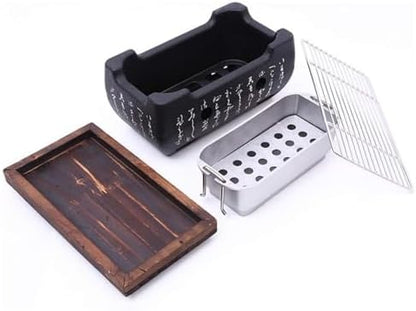 Japanese Hibachi Grill, Portable Tabletop Yakitori Charcoal Grill for Indoor Outdoor BBQ with Wooden Base & Cooking Grate 4.9x4.5x9.4in