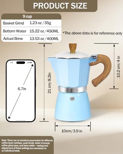 Coffee Maker Stovetop Espresso Maker 9 Cup Aluminum Moka Pot Percolator 15oz 450ml Easy Brewing for Electric Ceramic Stoves Home Camping Italian Cuban Café Classic Blue