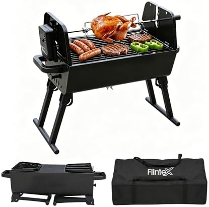 Flintex Portable Charcoal Grill, Dual Zone Rotisserie & Grill, Grill & Bag
