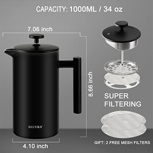 Secura French Press Coffee Maker, 304 Grade Stainless Steel Insulated Coffee Press with 2 Extra Screens, 34oz (1 Litre), Black