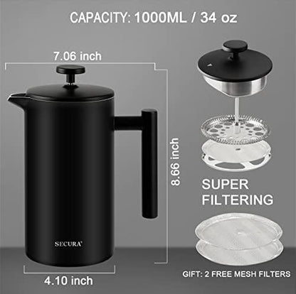 Secura French Press Coffee Maker, 304 Grade Stainless Steel Insulated Coffee Press with 2 Extra Screens, 34oz (1 Litre), Black