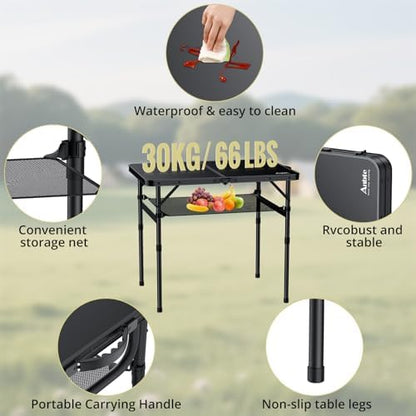 Anbte Folding Camping Table, 36" x 24" Picnic Table with Storage Net, Black