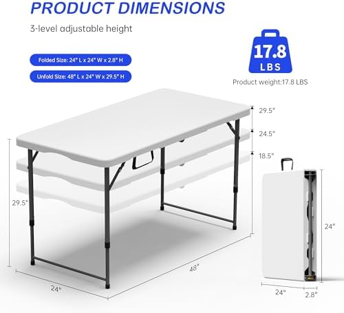 VSOAEIL 4 FT Folding Table,Small Plastic Foldable Table Adjustable Height